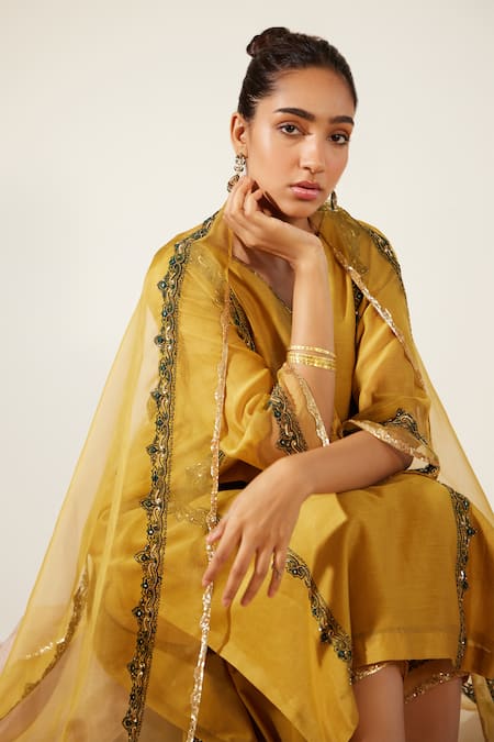 Shop Sarang Kaur Blue Chanderi Silk Sequins, Beads, Floral Work Straight Kurta And Pant Set Online at Aza Fashions Shop_Sarang Kaur_Blue Chanderi Silk Sequins, Beads, Floral Work Straight Kurta And Pant Set _Online_at_Aza_Fashions