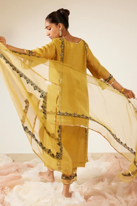 Shop_Sarang Kaur_Yellow Organza, Silk Sequins, Beads, Embroidery Dupatta _at_Aza_Fashions