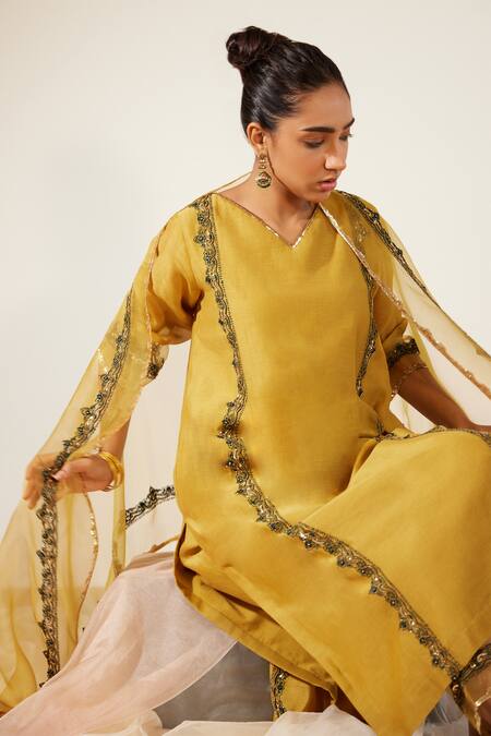 Sarang Kaur_Yellow Organza, Silk Sequins, Beads, Embroidery Dupatta _Online_at_Aza_Fashions