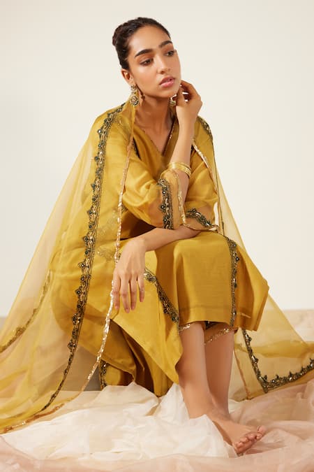 Shop_Sarang Kaur_Yellow Organza, Silk Sequins, Beads, Embroidery Dupatta _Online_at_Aza_Fashions