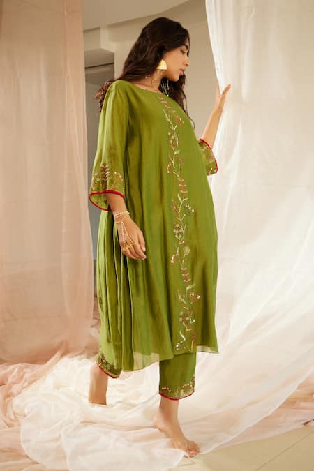 Buy Sarang Kaur Green Chanderi Silk Sequins, Beads, Embroidery Thread Work Kurta And Pant Set Online at Aza Fashions Buy_Sarang Kaur_Green Chanderi Silk Sequins, Beads, Embroidery Thread Work Kurta And Pant Set _Online_at_Aza_Fashions