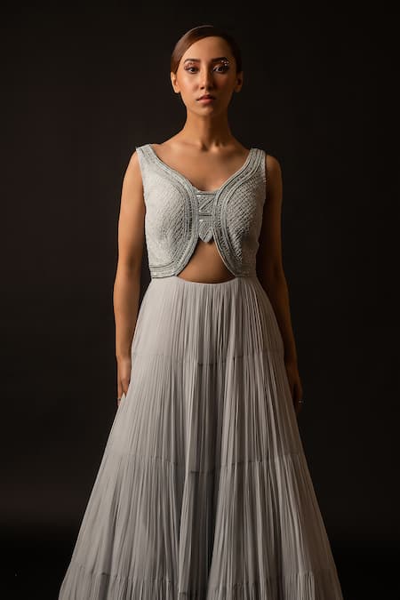 Decemberbyvivek_Blue Net Sequins, Beads V-neck Embroidered Flared Gown _Online_at_Aza_Fashions