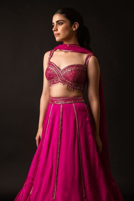 Decemberbyvivek Pink Net Sequins, Cut Work Sweetheart Embroidered Tassled Blouse Lehenga Set Online at Aza Fashions Decemberbyvivek_Pink Net Sequins, Cut Work Sweetheart Embroidered Tassled Blouse Lehenga Set _Online_at_Aza_Fashions