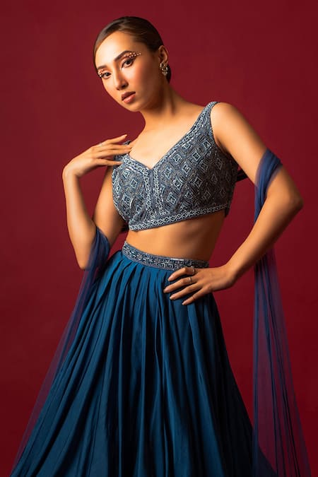 Decemberbyvivek_Blue Net Sequins, Cut Work V-neck Embroidered Blouse Layered Lehenga Set _Online_at_Aza_Fashions