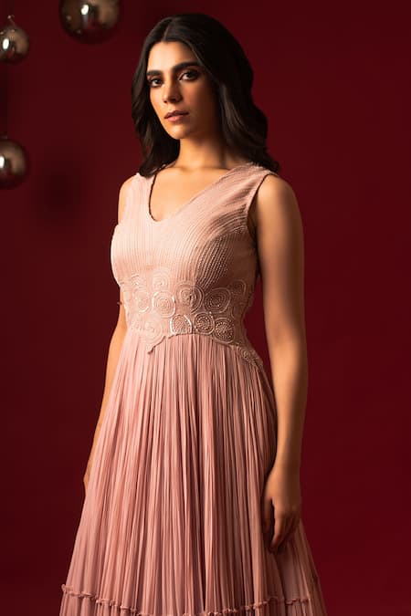 Decemberbyvivek Pink Organza Sequins, Beads, Cut Work V-neck Pleated Embroidered Gown Online at Aza Fashions Decemberbyvivek_Pink Organza Sequins, Beads, Cut Work V-neck Pleated Embroidered Gown _Online_at_Aza_Fashions