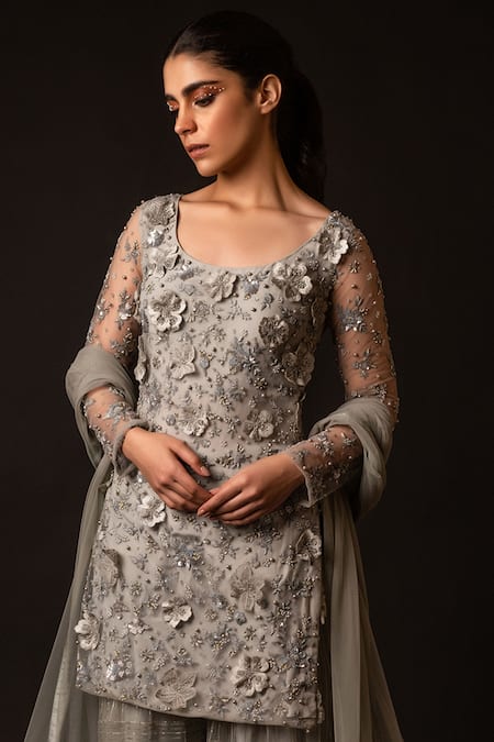 Decemberbyvivek Grey Net Sequins, Beads Round Neck Floral Applique Work Kurta Palazzo Set Online at Aza Fashions Decemberbyvivek_Grey Net Sequins, Beads Round Neck Floral Applique Work Kurta Palazzo Set _Online_at_Aza_Fashions