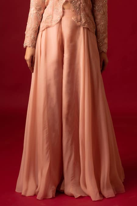 Decemberbyvivek_Peach Organza Sequins, Embroidery Round Neck Hand Jacket Pant Set _Online_at_Aza_Fashions