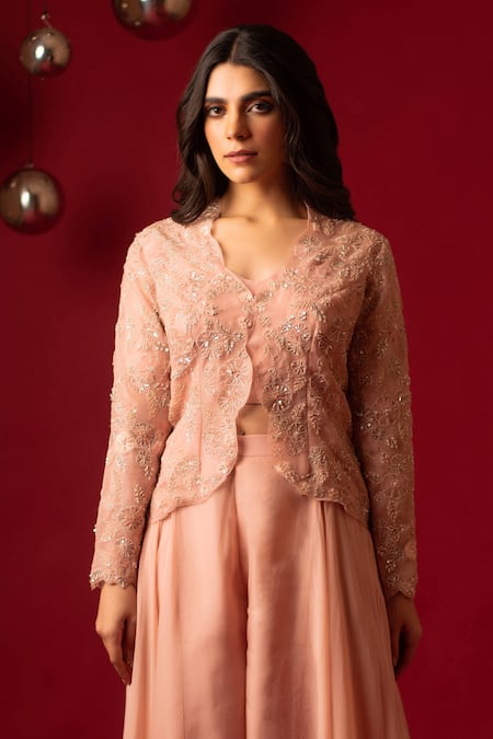 Buy_Decemberbyvivek_Peach Organza Sequins, Embroidery Round Neck Hand Jacket Pant Set _Online_at_Aza_Fashions