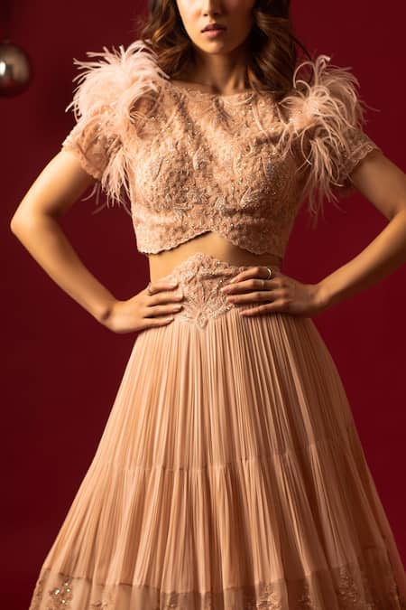 Decemberbyvivek_Peach Net Sequins, Embroidery Round Neck Hand Top And Lehenga Set _Online_at_Aza_Fashions