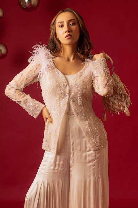 Decemberbyvivek_White Organza Sequins, Beads Round Neck Hand Embroidered Jacket With Jumpsuit _Online_at_Aza_Fashions