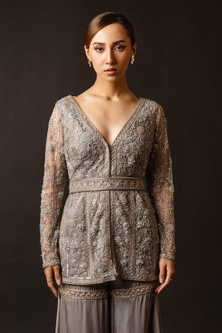 Decemberbyvivek_Grey Net Beads V-neck Hand Embroidered Jacket And Gharara Set _Online_at_Aza_Fashions