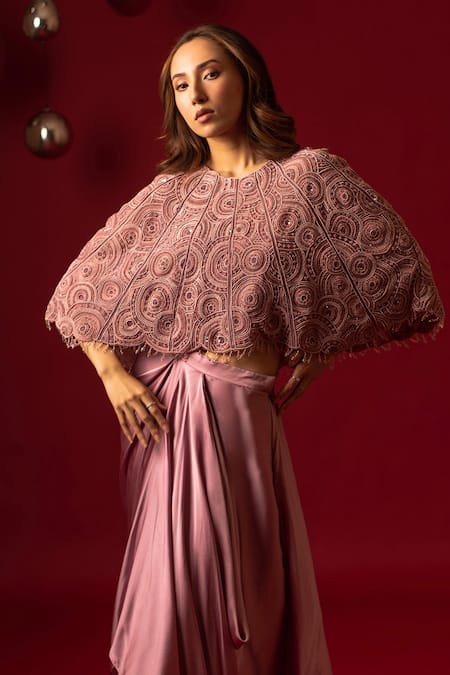 Decemberbyvivek_Pink Organza Beads Round Neck Hand Embroidered Cape Skirt Set _Online_at_Aza_Fashions