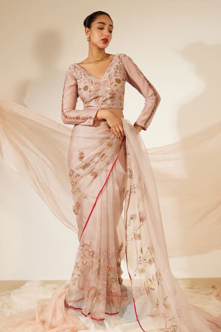 Sarang Kaur Grey Organza, Gul Embroidered Bordered Saree With Unstitched Blouse Piece at Aza Fashions Sarang Kaur_Grey Organza, Gul Embroidered Bordered Saree With Unstitched Blouse Piece _at_Aza_Fashions