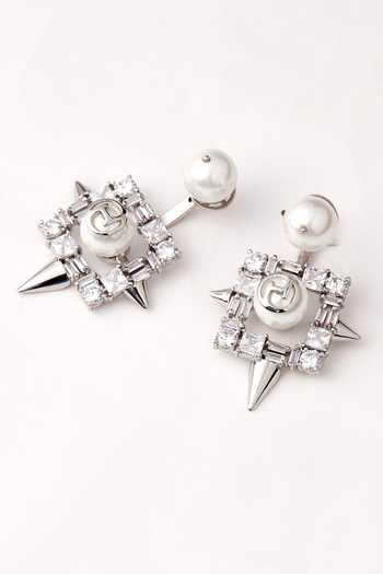 Shop Outhouse Silver Plated Beads, Crystals Geometric And Swarovski Stud Earrings at Aza Fashions Shop_Outhouse_Silver Plated Beads, Crystals Geometric And Swarovski Stud Earrings _at_Aza_Fashions