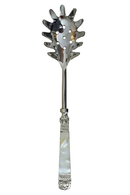 Shop Assemblage Silver Stainless Steel, Mother Of Pearl Carved Serving Spoons Set 6 at Aza Fashions Shop_Assemblage_Silver Stainless Steel, Mother Of Pearl Carved Serving Spoons Set 6_at_Aza_Fashions