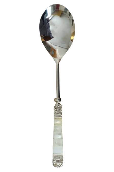 Shop Assemblage Silver Stainless Steel, Mother Of Pearl Carved Serving Spoons Set 6 Online at Aza Fashions Shop_Assemblage_Silver Stainless Steel, Mother Of Pearl Carved Serving Spoons Set 6_Online_at_Aza_Fashions