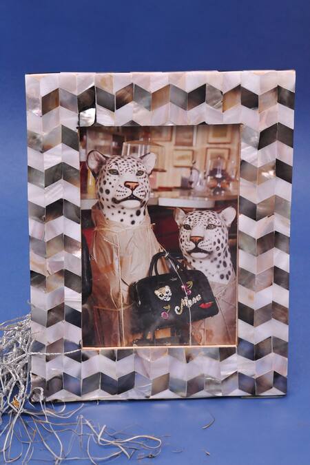 Shop_Assemblage_White Mother Of Pearl Chevron Photo Frame Set 2 _at_Aza_Fashions