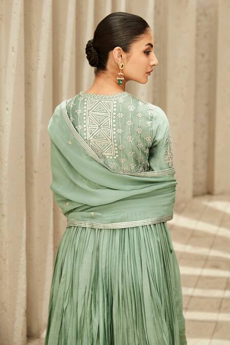 Shop Matsya Green Art Deco Gota Yoke Embroidered Anarkali Set at Aza Fashions Shop_Matsya_Green Art Deco Gota Yoke Embroidered Anarkali Set_at_Aza_Fashions