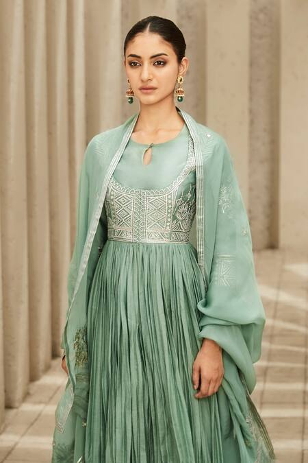 Matsya Green Art Deco Gota Yoke Embroidered Anarkali Set Online at Aza Fashions Matsya_Green Art Deco Gota Yoke Embroidered Anarkali Set_Online_at_Aza_Fashions