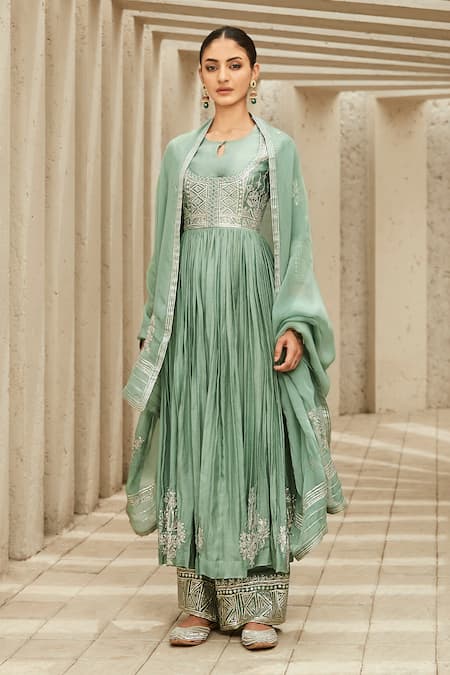 Buy Matsya Green Art Deco Gota Yoke Embroidered Anarkali Set Online at Aza Fashions Buy_Matsya_Green Art Deco Gota Yoke Embroidered Anarkali Set_Online_at_Aza_Fashions