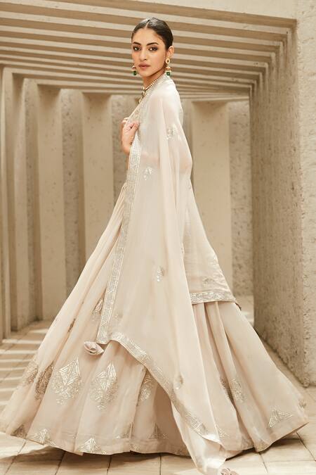 Shop Matsya Ivory Chanderi, Organza Gota Patti, Heritage Placement Embroidered Lehenga Set at Aza Fashions Shop_Matsya_Ivory Chanderi, Organza Gota Patti, Heritage Placement Embroidered Lehenga Set_at_Aza_Fashions