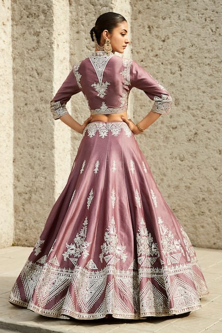 Shop Matsya Pink Lehenga And Blouse Chanderi Embroidery Gota Patti V Neck Set at Aza Fashions Shop_Matsya_Pink Lehenga And Blouse Chanderi Embroidery Gota Patti V Neck Set_at_Aza_Fashions