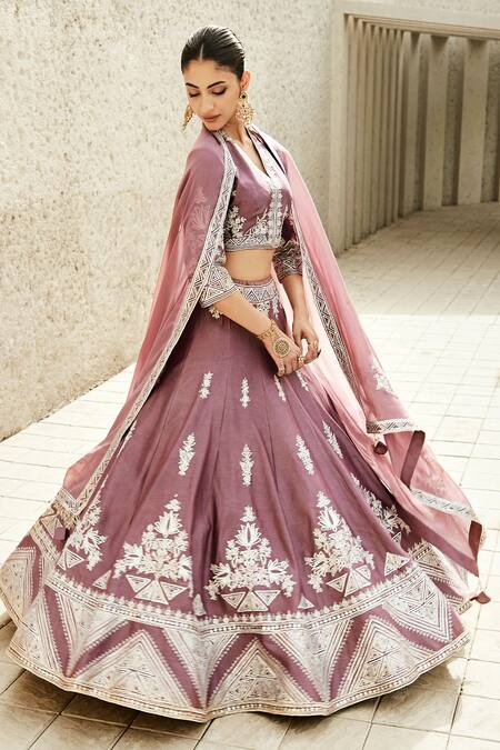 Matsya Pink Lehenga And Blouse Chanderi Embroidery Gota Patti V Neck Set Online at Aza Fashions Matsya_Pink Lehenga And Blouse Chanderi Embroidery Gota Patti V Neck Set_Online_at_Aza_Fashions