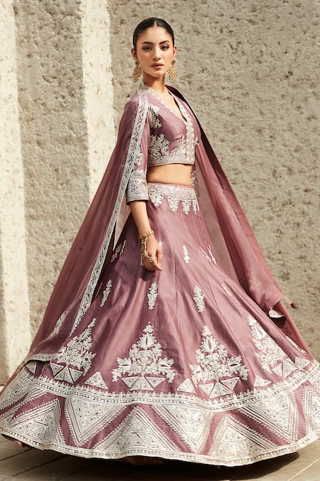 Shop Matsya Pink Lehenga And Blouse Chanderi Embroidery Gota Patti V Neck Set Online at Aza Fashions Shop_Matsya_Pink Lehenga And Blouse Chanderi Embroidery Gota Patti V Neck Set_Online_at_Aza_Fashions