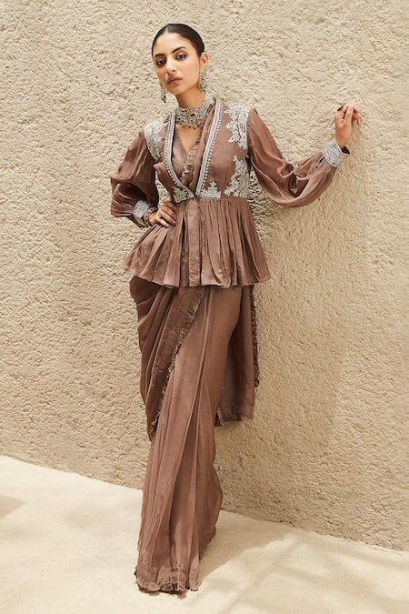 MATSYA Brown The Millenial Solid Pre-draped Saree With Chanderi Peplum Jacket