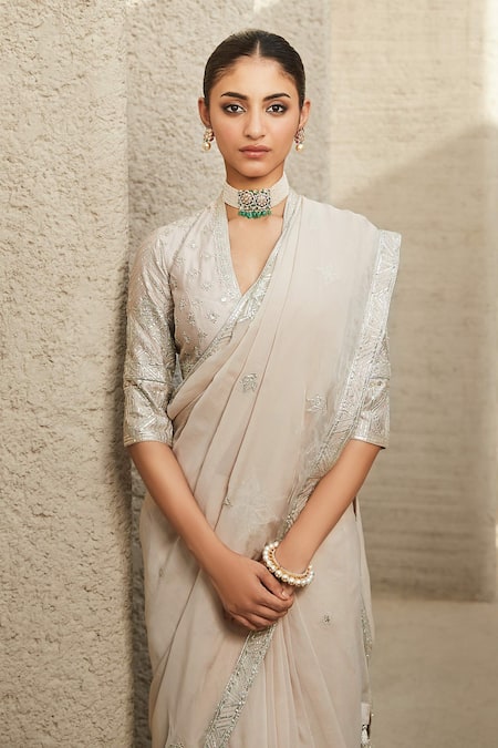 Matsya_Ivory Organza Embroidery Gota Patti Dream Border Saree With Blouse  _Online_at_Aza_Fashions