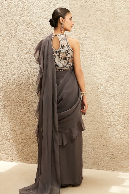 Matsya The Millenial Pre-Draped Ruffle Saree With Embroidered Blouse 