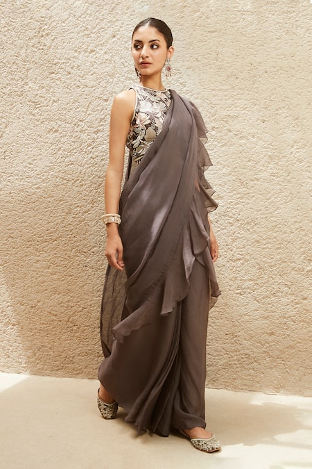 Matsya_Grey Organza The Millenial Pre-draped Ruffle Saree With Blouse  _Online_at_Aza_Fashions