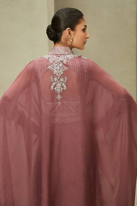 Shop Matsya Pink Blouse The New India Border Embroidered Cape Skirt Set at Aza Fashions Shop_Matsya_Pink Blouse The New India Border Embroidered Cape Skirt Set_at_Aza_Fashions