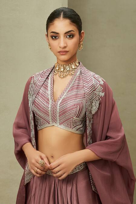 Matsya Pink Blouse The New India Border Embroidered Cape Skirt Set Online at Aza Fashions Matsya_Pink Blouse The New India Border Embroidered Cape Skirt Set_Online_at_Aza_Fashions