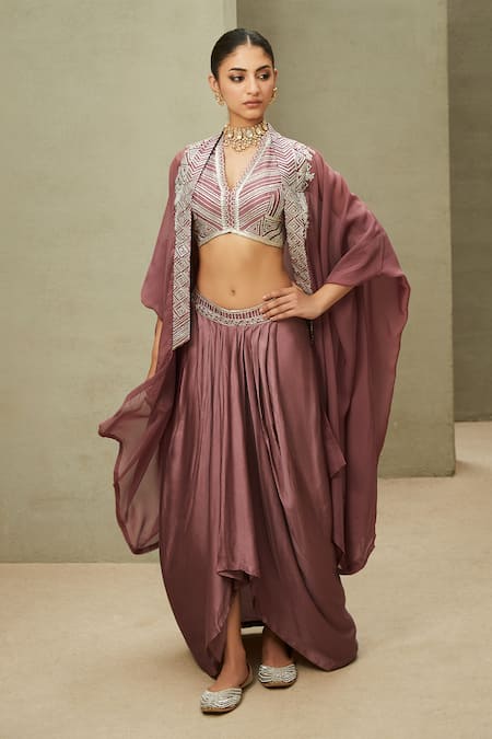 Buy Matsya Pink Blouse The New India Border Embroidered Cape Skirt Set Online at Aza Fashions Buy_Matsya_Pink Blouse The New India Border Embroidered Cape Skirt Set_Online_at_Aza_Fashions