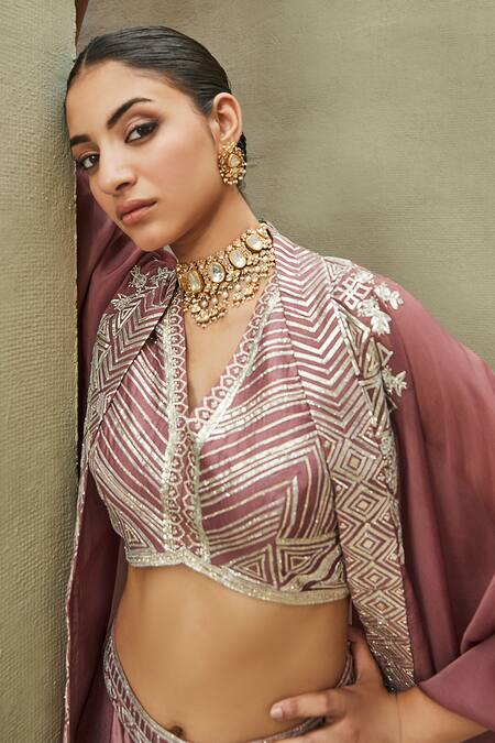 Matsya Pink Blouse The New India Border Embroidered Cape Skirt Set at Aza Fashions Matsya_Pink Blouse The New India Border Embroidered Cape Skirt Set_at_Aza_Fashions