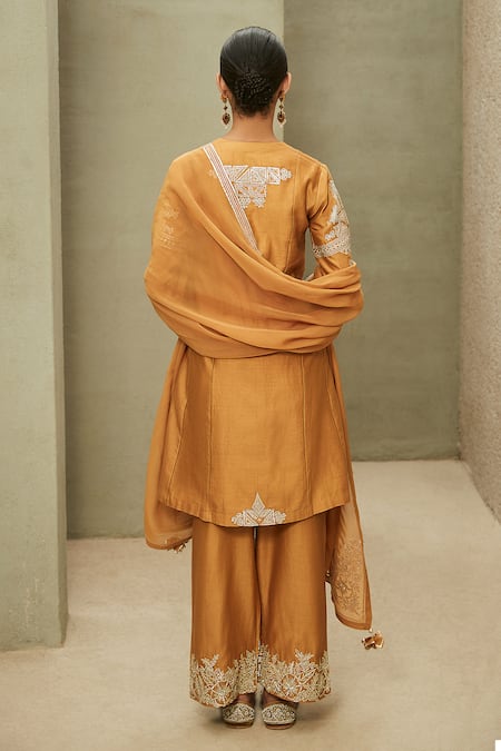 Shop Matsya Yellow The Neo Classic Chanderi Embroidered Kurta Palazzo Set at Aza Fashions Shop_Matsya_Yellow The Neo Classic Chanderi Embroidered Kurta Palazzo Set_at_Aza_Fashions
