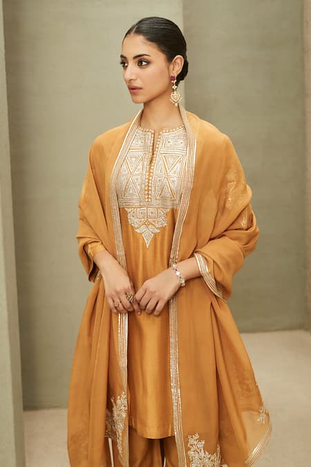 Matsya Yellow The Neo Classic Chanderi Embroidered Kurta Palazzo Set Online at Aza Fashions Matsya_Yellow The Neo Classic Chanderi Embroidered Kurta Palazzo Set_Online_at_Aza_Fashions