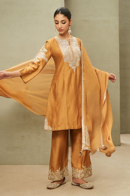Shop Matsya Yellow The Neo Classic Chanderi Embroidered Kurta Palazzo Set Online at Aza Fashions Shop_Matsya_Yellow The Neo Classic Chanderi Embroidered Kurta Palazzo Set_Online_at_Aza_Fashions
