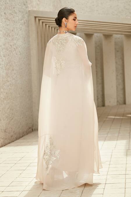 Shop Matsya Ivory Chanderi, Modal, Satin Zari, Gota Patti, Embroidery Cape Dhoti Skirt Set at Aza Fashions Shop_Matsya_Ivory Chanderi, Modal, Satin Zari, Gota Patti, Embroidery Cape Dhoti Skirt Set_at_Aza_Fashions