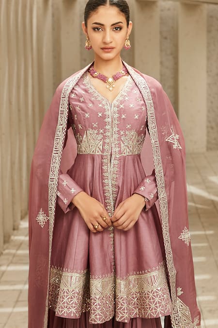Matsya_Pink Chanderi, Organza The Royal Reminiscence Peplum Anarkali Sharara Set _Online_at_Aza_Fashions