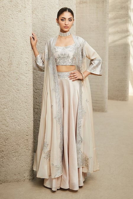 MATSYA Ivory Blouse The Neo Classic Embroidered Cape Sharara Set