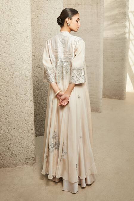 Shop Matsya Ivory Blouse The Neo Classic Embroidered Cape Sharara Set at Aza Fashions Shop_Matsya_Ivory Blouse The Neo Classic Embroidered Cape Sharara Set_at_Aza_Fashions