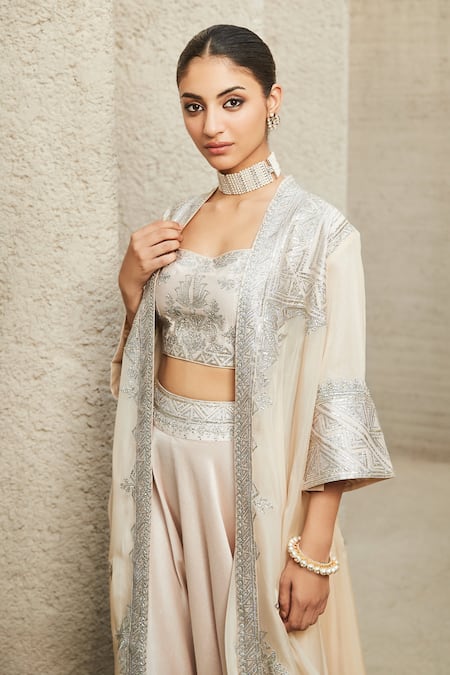 Matsya Ivory Blouse The Neo Classic Embroidered Cape Sharara Set Online at Aza Fashions Matsya_Ivory Blouse The Neo Classic Embroidered Cape Sharara Set_Online_at_Aza_Fashions