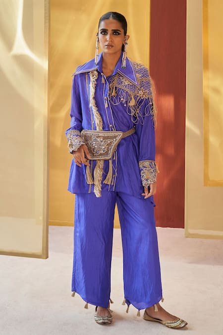 Priyanka Singh Blue Silk Embroidered Zardosi Collar Shirt And Pant Set  