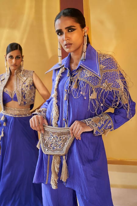Priyanka Singh Blue Silk Sequins, Zari Collared Embroidered Shirt And Pant Set Online at Aza Fashions Priyanka Singh_Blue Silk Sequins, Zari Collared Embroidered Shirt And Pant Set _Online_at_Aza_Fashions