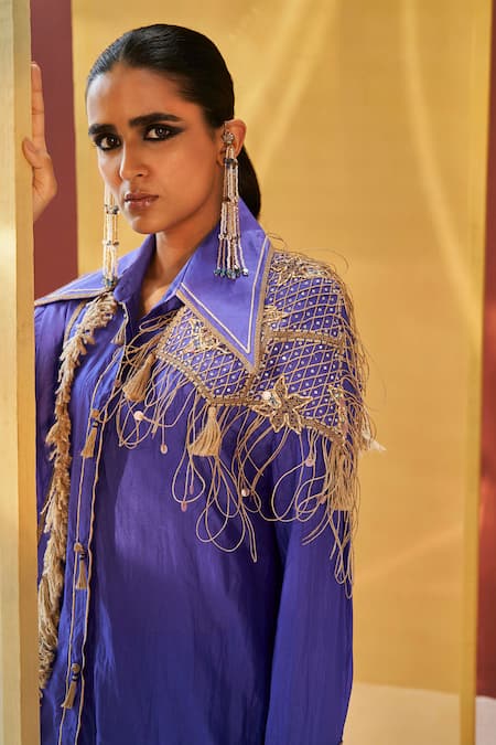 Buy Priyanka Singh Blue Silk Sequins, Zari Collared Embroidered Shirt And Pant Set Online at Aza Fashions Buy_Priyanka Singh_Blue Silk Sequins, Zari Collared Embroidered Shirt And Pant Set _Online_at_Aza_Fashions
