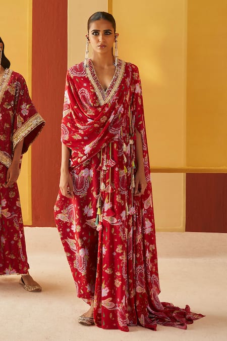 Priyanka Singh_Red Crepe Tassels, Embroidery V-neck Floral Print Draped Top And Pant Set _Online_at_Aza_Fashions
