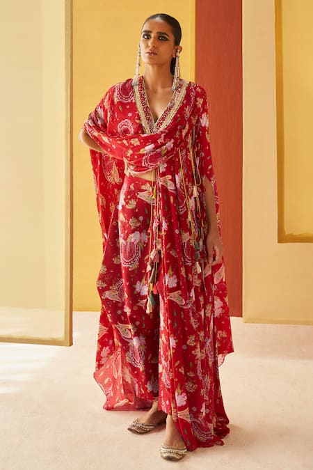 Buy_Priyanka Singh_Red Crepe Tassels, Embroidery V-neck Floral Print Draped Top And Pant Set _Online_at_Aza_Fashions
