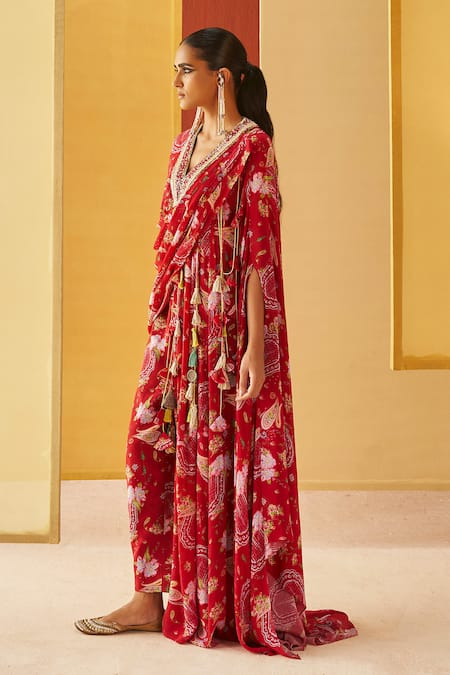 Shop_Priyanka Singh_Red Crepe Tassels, Embroidery V-neck Floral Print Draped Top And Pant Set _Online_at_Aza_Fashions